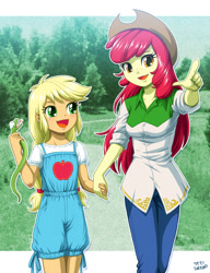 Size: 900x1172 | Tagged: safe, artist:uotapo, character:apple bloom, character:applejack, my little pony:equestria girls, adorabloom, age swap, alternate universe, beautiful, clothing, cowboy hat, cute, duo, female, freckles, hat, holding hands, inverse, jackabetes, older, pants, role reversal, shirt, siblings, sisters, smiling, snake, stetson, uotapo is trying to murder us, younger