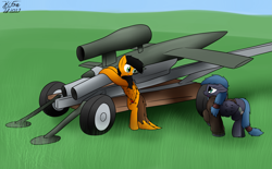 Size: 3131x1941 | Tagged: safe, artist:the-furry-railfan, oc, oc only, oc:night strike, oc:twintails, species:pegasus, species:pony, cart, clothing, cruise missile, fieseler fi 103, grass field, invention, jacket, missile, pulsejet, this will end in balloons, v-1, worried