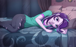 Size: 1280x800 | Tagged: safe, artist:uotapo, character:starlight glimmer, equestria girls:mirror magic, g4, my little pony: equestria girls, my little pony:equestria girls, spoiler:comiclom4, spoiler:eqg specials, adorasexy, bed, clothing, colored pupils, cute, female, glimmerbetes, looking at you, lying down, on side, pants, sexy, shirt, signature, smiling, solo, stupid sexy starlight glimmer, uotapo is trying to murder us, wallpaper