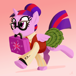 Size: 4800x4800 | Tagged: safe, artist:docwario, character:twilight sparkle, character:twilight sparkle (alicorn), character:twilight sparkle (scitwi), species:alicorn, species:pony, absurd resolution, adorkable, clothing, cute, dork, equestria girls ponified, female, folded wings, glasses, hair bun, mare, mouth hold, necktie, pleated skirt, ponified, scitwilicorn, shirt, skirt, skirt lift, solo, suitcase, vest, walking, watch, wristwatch