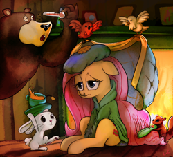 Size: 3300x3000 | Tagged: safe, artist:docwario, character:angel bunny, character:fluttershy, character:harry, species:bird, species:pegasus, species:pony, bear, blanket, caring for the sick, clothing, cup, cute, female, fireplace, floppy ears, food, hairbrush, mare, mucus, plate, robe, runny nose, sick, smiling, squirrel, tea, teacup, thermometer