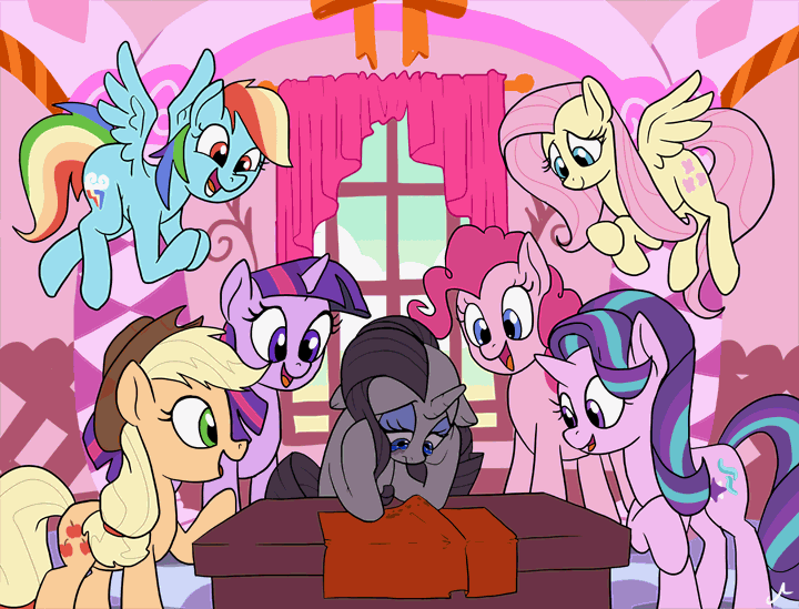 Size: 720x549 | Tagged: safe, artist:docwario, character:applejack, character:fluttershy, character:pinkie pie, character:rainbow dash, character:rarity, character:starlight glimmer, character:twilight sparkle, species:earth pony, species:pegasus, species:pony, species:unicorn, animated, crying, delusion, delusional, depersonalization, depressed, derealization, fabric, female, gif, illusion, mane six, mannequin, mare, non-looping gif, reality ensues, sad, table