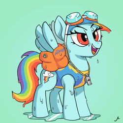 Size: 4800x4800 | Tagged: safe, artist:docwario, character:rainbow dash, species:pegasus, species:pony, absurd resolution, clothing, cute, dashabetes, female, goggles, hat, inflatable, mare, simple background, smiling, solo, swimming cap, swimsuit, water wings, whistle, wonderbolts swimsuit