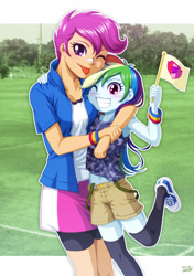 Size: 900x1277 | Tagged: safe, artist:uotapo, character:rainbow dash, character:scootaloo, species:pegasus, species:pony, my little pony:equestria girls, age swap, armpits, banner, belly button, blep, blushing, clothing, cute, cutealoo, dashabetes, duo, female, flag, grass, grin, hug, midriff, older, one eye closed, role reversal, shoes, shorts, skirt, smiling, socks, tongue out, tree, uotapo is trying to murder us, wink, wristband, younger