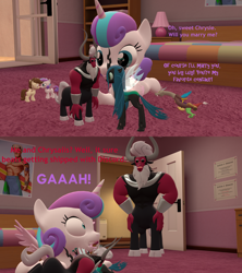 Size: 1920x2160 | Tagged: safe, artist:red4567, character:discord, character:lord tirek, character:pound cake, character:princess flurry heart, character:queen chrysalis, ship:chrysirek, ship:poundflurry, 3d, dark helmet, dialogue, flurry the shipper, like mother like daughter, male, older, rick moranis, scared, shipper on deck, shipping, source filmmaker, spaceballs the tag, straight, tiralis