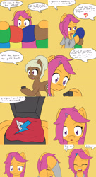 Size: 2400x4400 | Tagged: safe, artist:jake heritagu, character:apple bloom, character:scootaloo, oc, oc:sandy hooves, species:pegasus, species:pony, comic:ask motherly scootaloo, motherly scootaloo, absurd resolution, clothing, comic, crying, hairpin, quilt, sweatshirt