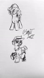 Size: 1836x3264 | Tagged: safe, artist:binkyt11, derpibooru original, character:lightning dust, species:earth pony, species:pegasus, species:pony, angry, buried treasure, female, mare, monochrome, no catchlights, signature, spread wings, traditional art, wings
