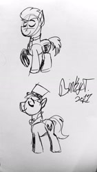Size: 1836x3264 | Tagged: safe, artist:binkyt11, derpibooru original, character:caesar, character:doctor whooves, character:time turner, species:pony, monochrome, necktie, signature, traditional art