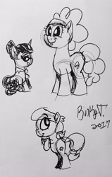 Size: 1830x2870 | Tagged: safe, artist:binkyt11, derpibooru original, character:bella brella, character:lily longsocks, species:pony, monochrome, nosey news, quill (character), rearing, signature, traditional art