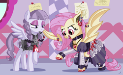 Size: 8217x5034 | Tagged: safe, artist:docwario, character:flutterbat, character:fluttershy, character:inky rose, species:bat pony, species:pegasus, species:pony, episode:honest apple, g4, my little pony: friendship is magic, absurd resolution, carousel boutique, clothing, dress, duo, female, gothic lolita, mare, mouth hold, race swap, raised hoof, smiling