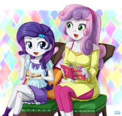 Size: 1200x1140 | Tagged: safe, artist:uotapo, character:rarity, character:sweetie belle, my little pony:equestria girls, age swap, blushing, book, clothing, cute, diasweetes, female, hairband, older, open mouth, pants, raribetes, role reversal, sewing, shirt, siblings, singing, sisters, sitting, skirt, smiling, uotapo is trying to murder us, younger