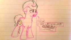 Size: 3264x1836 | Tagged: safe, artist:binkyt11, derpibooru original, character:spike, species:dragon, species:pony, species:unicorn, colt, dialogue, lined paper, male, ponified spike, solo, speech bubble, traditional art