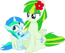 Size: 8222x6801 | Tagged: safe, artist:cyanlightning, oc, oc only, oc:cyan lightning, oc:green lightning, species:pegasus, species:pony, species:unicorn, .svg available, absurd resolution, blushing, clothing, duo, female, flower, flower in hair, freckles, hug, male, mother and son, scarf, simple background, transparent background, vector, winghug