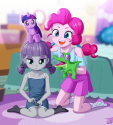 Size: 1200x1326 | Tagged: safe, artist:uotapo, character:gummy, character:maud pie, character:pinkie pie, character:twilight sparkle, species:pony, my little pony:equestria girls, age swap, blouse, clothing, cute, diapinkes, dress, duo, female, hand puppet, maudabetes, pigtails, plushie, puppet, rock, role reversal, shorts, sisters, skirt, socks, that pony sure does love rocks, twintails, uotapo is trying to murder us, younger