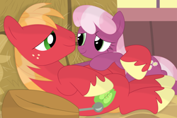 Size: 3466x2318 | Tagged: safe, artist:porygon2z, character:big mcintosh, character:cheerilee, species:pony, ship:cheerimac, bedroom eyes, female, hay bale, holding, hug, lidded eyes, male, mare, on back, shipping, stallion, straight, vector, yoke