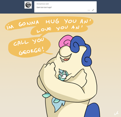 Size: 2100x2036 | Tagged: safe, artist:docwario, character:bon bon, character:lyra heartstrings, character:sweetie drops, species:pony, species:unicorn, ship:lyrabon, abominable snowman, and call him george, ask, askblankbon, dialogue, female, hug, lesbian, looney tunes, lyra is not amused, shipping, simple background, smothering, speech bubble, transformation, tumblr, yellow background