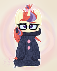 Size: 2000x2500 | Tagged: safe, artist:binkyt11, character:moondancer, species:pony, species:unicorn, :<, blushing, clothing, cute, eyebrows, female, firealpaca, glasses, mare, oversized clothes, raised eyebrow, semi-anthro, solo, sweater
