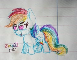 Size: 1827x1418 | Tagged: safe, artist:binkyt11, derpibooru original, character:rainbow dash, species:pegasus, species:pony, beanbrows, chibi, eyebrows, female, lined paper, mare, pen, rainbow, solo, traditional art