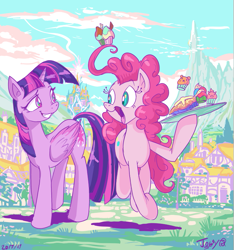 Size: 779x832 | Tagged: safe, artist:jowyb, character:pinkie pie, character:twilight sparkle, character:twilight sparkle (alicorn), species:alicorn, species:earth pony, species:pony, cupcake, dessert, duo, food, hoof hold, open mouth, pie, ponyville, prehensile mane, smiling, tray