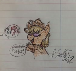 Size: 1974x1836 | Tagged: safe, artist:binkyt11, derpibooru original, character:applejack, species:earth pony, species:pony, dialogue, eyeshadow, female, impersonating, implied rarity, lined paper, makeup, mare, offscreen character, quality, solo, speech bubble, traditional art