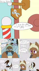 Size: 2400x4400 | Tagged: safe, artist:jake heritagu, oc, oc only, oc:groombsy, oc:sandy hooves, species:pony, comic:ask motherly scootaloo, barber pole, comb, comic, haircut, mirror, scissors