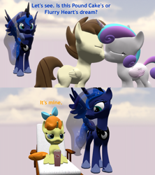 Size: 1280x1440 | Tagged: safe, artist:red4567, character:pound cake, character:princess flurry heart, character:princess luna, character:pumpkin cake, species:pony, ship:poundflurry, 3d, chair, cloud, dialogue, dream, female, food, kissing, male, older, popcorn, pumpkin the shipper, shipper on deck, shipping, source filmmaker, straight