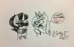 Size: 2792x1791 | Tagged: safe, artist:binkyt11, derpibooru original, character:king sombra, character:princess cadance, species:alicorn, species:pony, species:unicorn, dialogue, duo, hilarious in hindsight, looking at each other, monochrome, quality, shutter shades, speech bubble, traditional art, vulgar