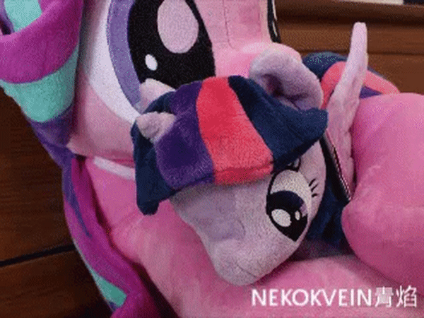 Size: 600x450 | Tagged: safe, artist:nekokevin, character:starlight glimmer, character:twilight sparkle, character:twilight sparkle (alicorn), species:alicorn, species:pony, species:unicorn, series:nekokevin's glimmy, 4de, adorable distress, animated, clothing, cuddling, cute, dawwww, female, gif, glimmerbetes, hape, head shake, hug, irl, mare, nekokevin is trying to murder us, non-consensual cuddling, photo, plushie, size difference, socks, starlight's little twibird, stop motion, striped socks, struggle snuggle, the weak should fear the strong, twiabetes