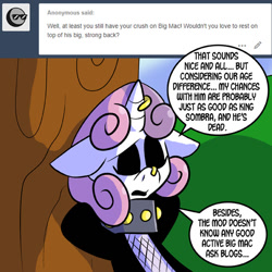 Size: 576x576 | Tagged: safe, artist:pembroke, character:sweetie belle, species:pony, meanie belle, ask, ask meanie belle, big red macintosh, dialogue, female, horn piercing, nose piercing, nose ring, piercing, solo, speech bubble, tumblr