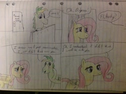 Size: 2592x1936 | Tagged: safe, artist:didgereethebrony, character:fluttershy, oc, oc:didgeree, species:pony, lined paper, piano, shipping fuel, traditional art