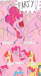 Size: 2400x4400 | Tagged: safe, artist:jake heritagu, character:apple bloom, character:pinkie pie, species:pony, comic:ask motherly scootaloo, balloon, birthday party, cake, clothing, comic, confetti, food, hat, ice cream, party, party hat, singing, streamers, sugarcube corner