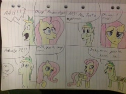 Size: 2592x1936 | Tagged: safe, artist:didgereethebrony, character:fluttershy, oc, oc:didgeree, species:pony, lined paper, shipping fuel, traditional art