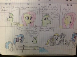 Size: 2592x1936 | Tagged: safe, artist:didgereethebrony, character:derpy hooves, character:dj pon-3, character:fluttershy, character:octavia melody, character:vinyl scratch, oc, oc:didgeree, species:pony, lined paper, traditional art