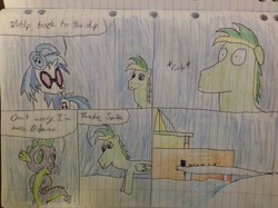 Size: 2592x1936 | Tagged: safe, artist:didgereethebrony, character:dj pon-3, character:spike, character:vinyl scratch, oc, oc:didgeree, species:dragon, docked, lined paper, ship, traditional art