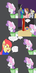 Size: 1600x3200 | Tagged: safe, artist:jake heritagu, character:apple bloom, character:derpy hooves, character:dinky hooves, character:sweetie belle, species:pony, comic:ask motherly scootaloo, blushing, clothing, comic, dress, drink, gulp, out of work derpy, ponyville, stage, straw, sweat, video in description