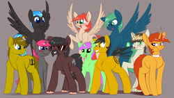 Size: 3840x2160 | Tagged: safe, artist:underpable, oc, oc only, oc:emerald, oc:firefly, oc:nimbus, oc:twitchy rudder, species:earth pony, species:pony, species:unicorn, commission, cute, female, grin, group, male, mare, simple background, smiling, stallion, sunglasses