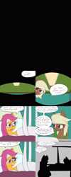 Size: 1600x4000 | Tagged: safe, artist:jake heritagu, character:scootaloo, oc, oc:sandy hooves, species:pegasus, species:pony, comic:ask motherly scootaloo, motherly scootaloo, bandage, black eye, cast, comic, first person view, hospital, pov, silhouette
