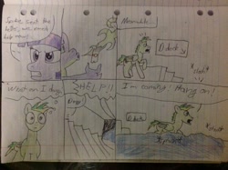 Size: 2592x1936 | Tagged: safe, artist:didgereethebrony, character:derpy hooves, character:spike, character:twilight sparkle, oc, oc:didgeree, species:dragon, flooding, letter, lined paper, traditional art