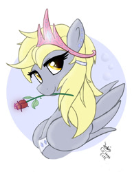 Size: 920x1200 | Tagged: safe, artist:joakaha, character:derpy hooves, species:pegasus, species:pony, crown, female, flower, flower in mouth, hair tie, jewelry, mare, mouth hold, princess, rose, solo, tiara, underp