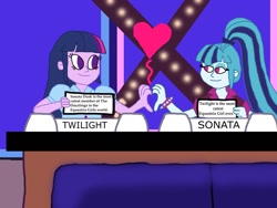 Size: 1032x774 | Tagged: safe, artist:ktd1993, character:sonata dusk, character:twilight sparkle, my little pony:equestria girls, female, heart hands, heart shaped, lesbian, match game (game show), shipping, twinata