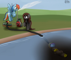 Size: 2827x2365 | Tagged: safe, artist:the-furry-railfan, character:rainbow dash, oc, oc:crash dive, oc:pressure cooker, species:earth pony, species:pegasus, species:pony, air pump, clothing, diving suit, engine, flying, galoshes, hiding, hose, lake, on back, outdoors, story included