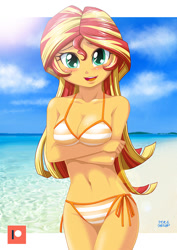 Size: 707x1000 | Tagged: safe, artist:uotapo, character:sunset shimmer, my little pony:equestria girls, adorasexy, beach, beach babe, belly button, bicolor swimsuit, bikini, bikini babe, blushing, breasts, busty sunset shimmer, clothing, cute, female, looking at you, orange swimsuit, patreon, patreon logo, praise the sunset, sexy, shimmerbetes, side-tie bikini, smiling, solo, string bikini, striped swimsuit, swimsuit, underass, uotapo is trying to murder us, water