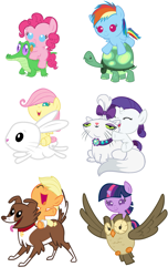 Size: 2501x4110 | Tagged: safe, artist:red4567, character:angel bunny, character:applejack, character:fluttershy, character:gummy, character:opalescence, character:owlowiscious, character:pinkie pie, character:rainbow dash, character:rarity, character:tank, character:twilight sparkle, character:winona, species:pony, babies, babity, baby, baby dash, baby pie, baby ponies, baby pony, baby six, babyjack, babylight sparkle, babyshy, cute, foal, mane six, pacifier, ponies riding bunnies, ponies riding cats, ponies riding dogs, ponies riding gators, ponies riding owls, ponies riding pets, ponies riding turtles, riding