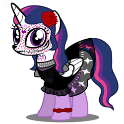 Size: 1000x1000 | Tagged: safe, artist:hakunohamikage, character:twilight sparkle, character:twilight sparkle (alicorn), species:alicorn, species:pony, ask-princesssparkle, ask, clothing, costume, dia de los muertos, dress, female, flower, flower in hair, mare, nightmare night costume, solo, tumblr