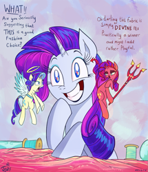Size: 781x910 | Tagged: safe, artist:jowyb, character:rarity, species:pony, species:unicorn, episode:the saddle row review, g4, my little pony: friendship is magic, angel rarity, argument, blue and orange morality, conscience, devil rarity, dialogue, duality, female, grin, halo, mare, multeity, open mouth, pitchfork, scene interpretation, shoulder angel, shoulder devil, signature, smiling, talking, teeth, thousand yard stare