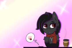 Size: 2000x1324 | Tagged: safe, artist:lazerblues, oc, oc only, oc:deep rest, species:pony, cellphone, clothing, coffee, collar, ear piercing, heart eyes, phone, piercing, scarf, solo, wingding eyes