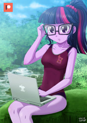 Size: 707x1000 | Tagged: safe, artist:uotapo, character:twilight sparkle, character:twilight sparkle (scitwi), species:eqg human, my little pony:equestria girls, adorasexy, adorkable, bicolor swimsuit, blushing, clothing, cloud, computer, cute, dork, female, glasses, laptop computer, looking at you, one-piece swimsuit, patreon, patreon logo, purple swimsuit, school swimsuit, sexy, shadowbolts swimsuit, solo, swimsuit, twiabetes