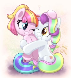 Size: 1170x1280 | Tagged: safe, artist:joakaha, character:coconut cream, character:toola roola, species:earth pony, species:pony, episode:fame and misfortune, g4, my little pony: friendship is magic, cute, dawwww, female, filly, friends, friendshipping, heart, hug, multicolored hair, roolabetes, smiling, toolanut