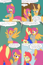 Size: 1600x2400 | Tagged: safe, artist:jake heritagu, character:apple bloom, character:doctor horse, character:doctor stable, character:scootaloo, species:pegasus, species:pony, comic:ask motherly scootaloo, motherly scootaloo, clothing, comic, doctor's office, glasses, hairpin, sweatshirt