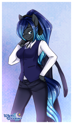 Size: 1868x3154 | Tagged: safe, artist:xwhitedreamsx, oc, oc only, oc:leona, species:anthro, species:pony, anthro oc, clothing, commission, female, gradient hair, hair over one eye, looking at you, mare, pants, shirt, smiling, solo, vest